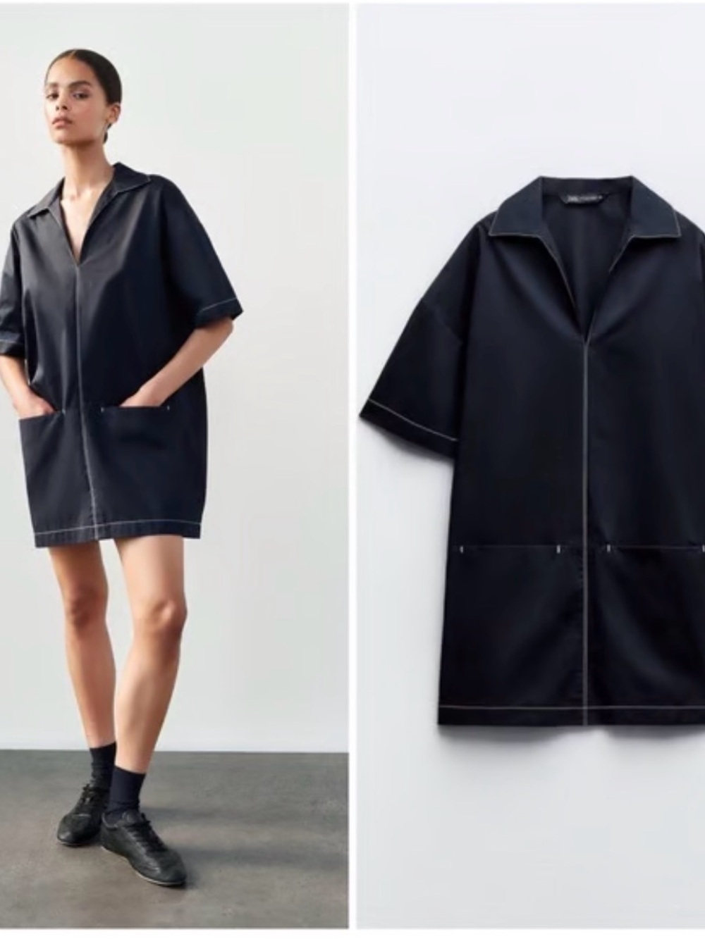 Zara Black White Topstitch Boxy Poplin Shirt Dress Pockets Mini Short Sleeve